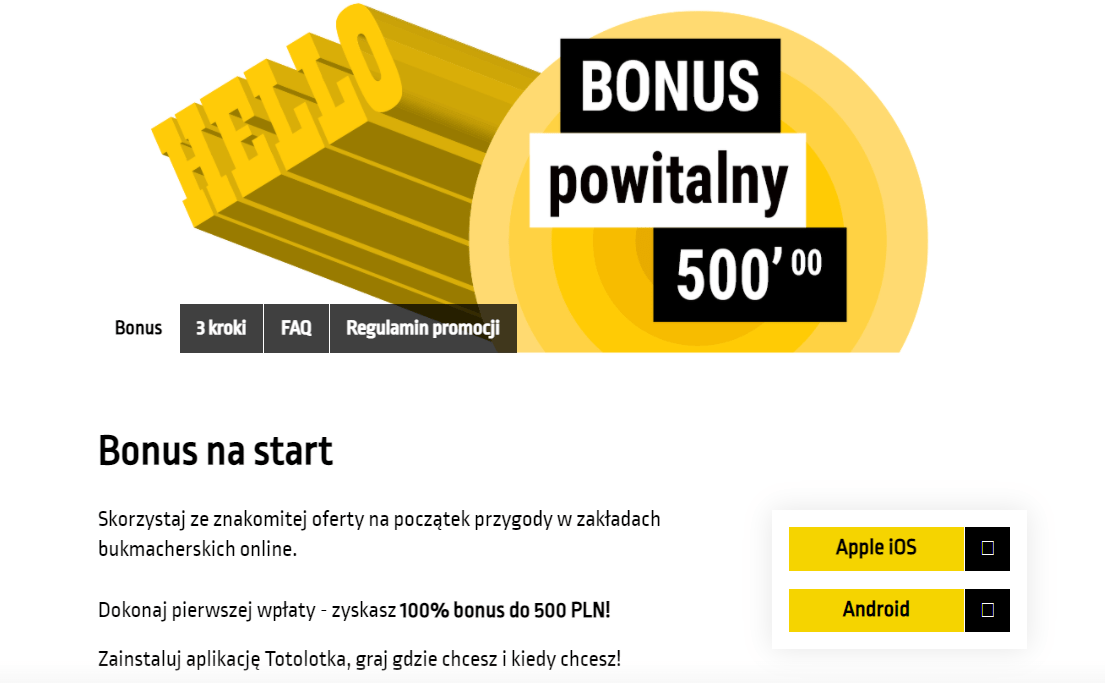 Totolotek bonus od pierwszej wpłaty 100% do 500 PLN